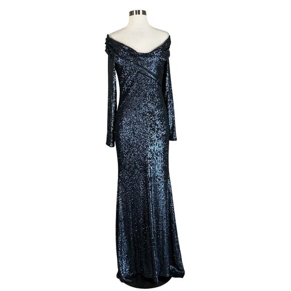 Donna Karan Women's Formal Dress Size 8 Blue Sequined Off The Shoulder Long Gown